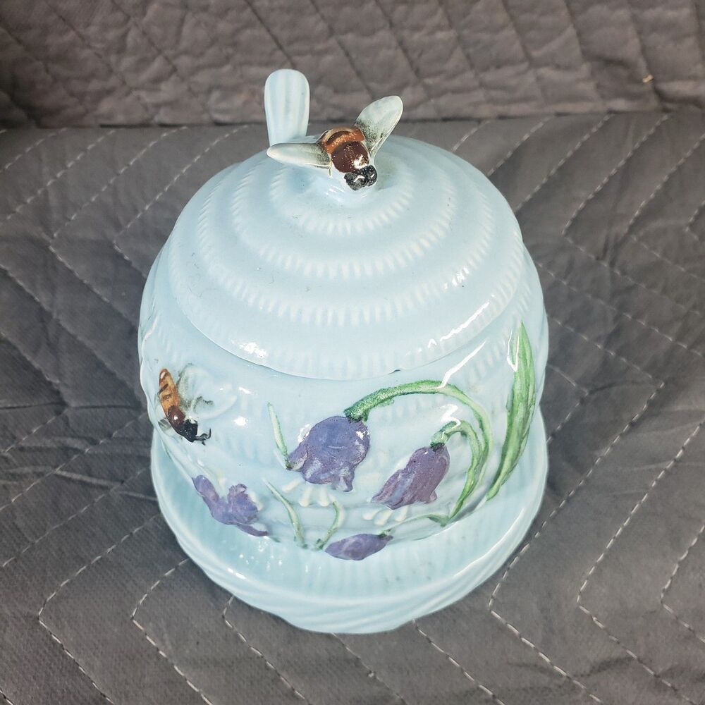 Vintage Light Blue Ceramic Beehive Honey Pot Jar Spoon Set Purple Flowers Bee